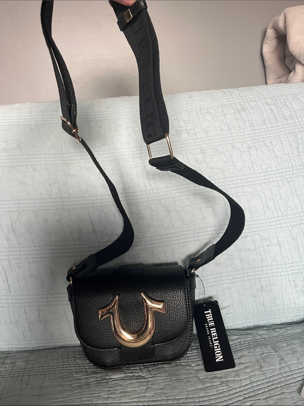 True Religion Black Crossbody Bag with Gold Accent Horseshoe